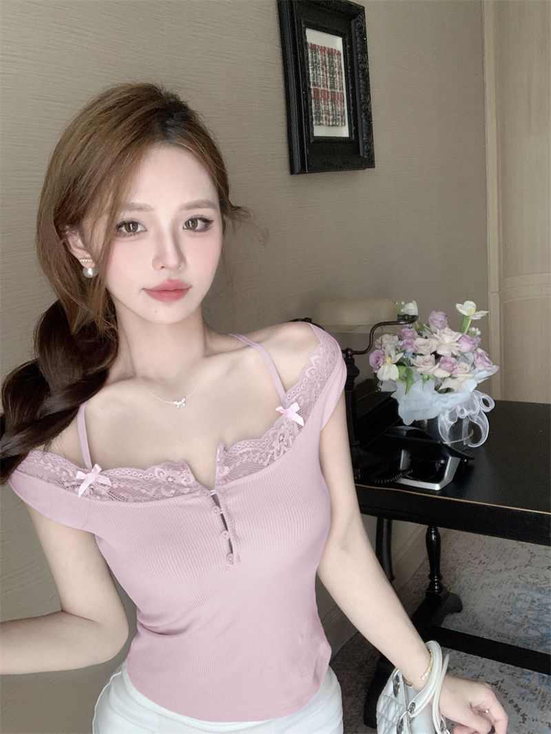 Lace Patchwork Knitted Camisole For Women, Summer Slim-fit Inner Wear, Sexy Bow Short Blue Outer Top_voghion.com