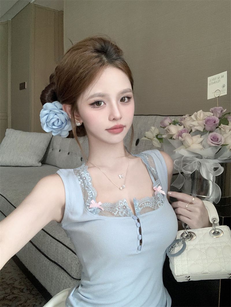Lace Patchwork Knitted Camisole For Women, Summer Slim-fit Inner Wear, Sexy Bow Short Blue Outer Top_voghion.com