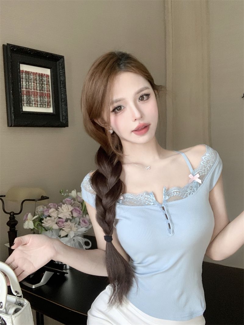 Lace Patchwork Knitted Camisole For Women, Summer Slim-fit Inner Wear, Sexy Bow Short Blue Outer Top_voghion.com