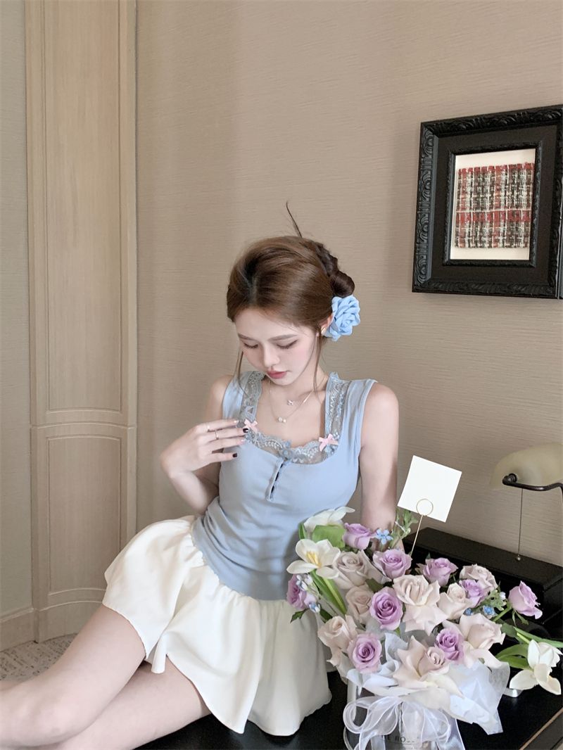Lace Patchwork Knitted Camisole For Women, Summer Slim-fit Inner Wear, Sexy Bow Short Blue Outer Top_voghion.com