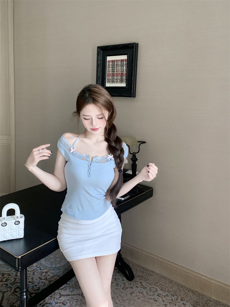 Lace Patchwork Knitted Camisole For Women, Summer Slim-fit Inner Wear, Sexy Bow Short Blue Outer Top_voghion.com
