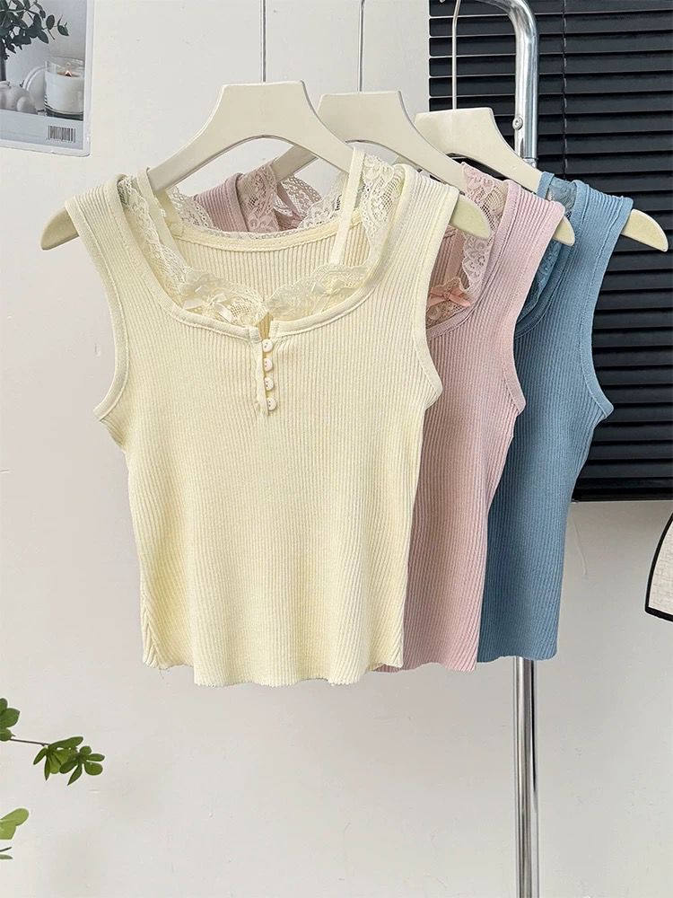 Lace Patchwork Knitted Camisole For Women, Summer Slim-fit Inner Wear, Sexy Bow Short Blue Outer Top_voghion.com