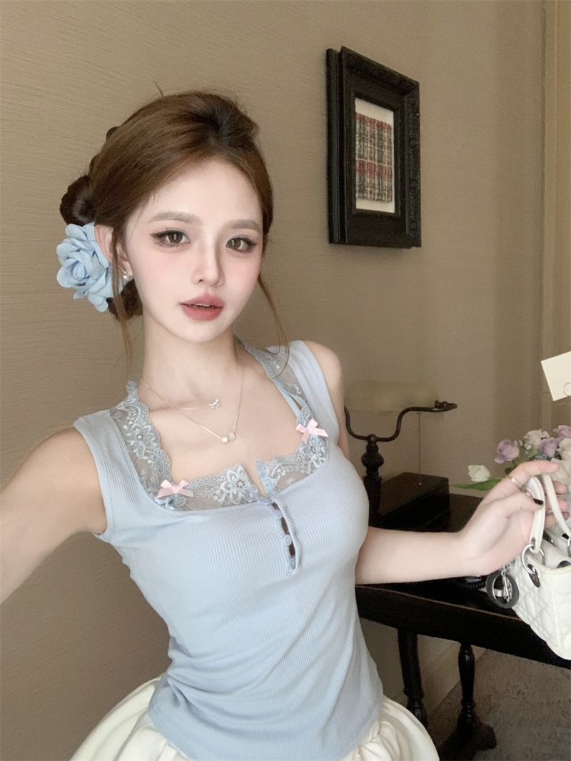 Lace Patchwork Knitted Camisole For Women, Summer Slim-fit Inner Wear, Sexy Bow Short Blue Outer Top_voghion.com