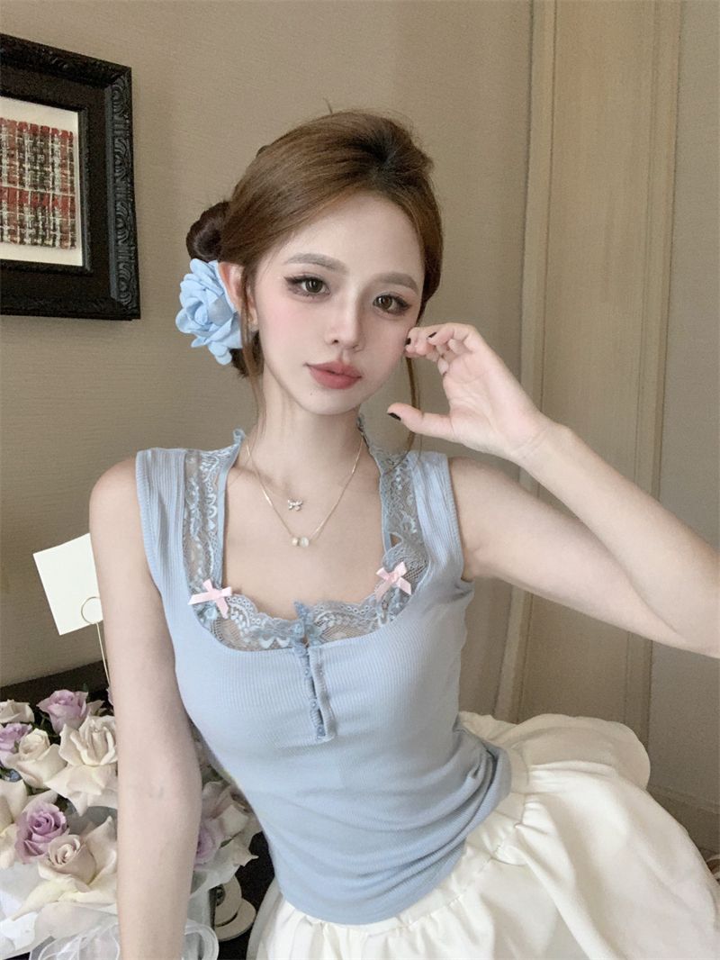 Lace Patchwork Knitted Camisole For Women, Summer Slim-fit Inner Wear, Sexy Bow Short Blue Outer Top_voghion.com
