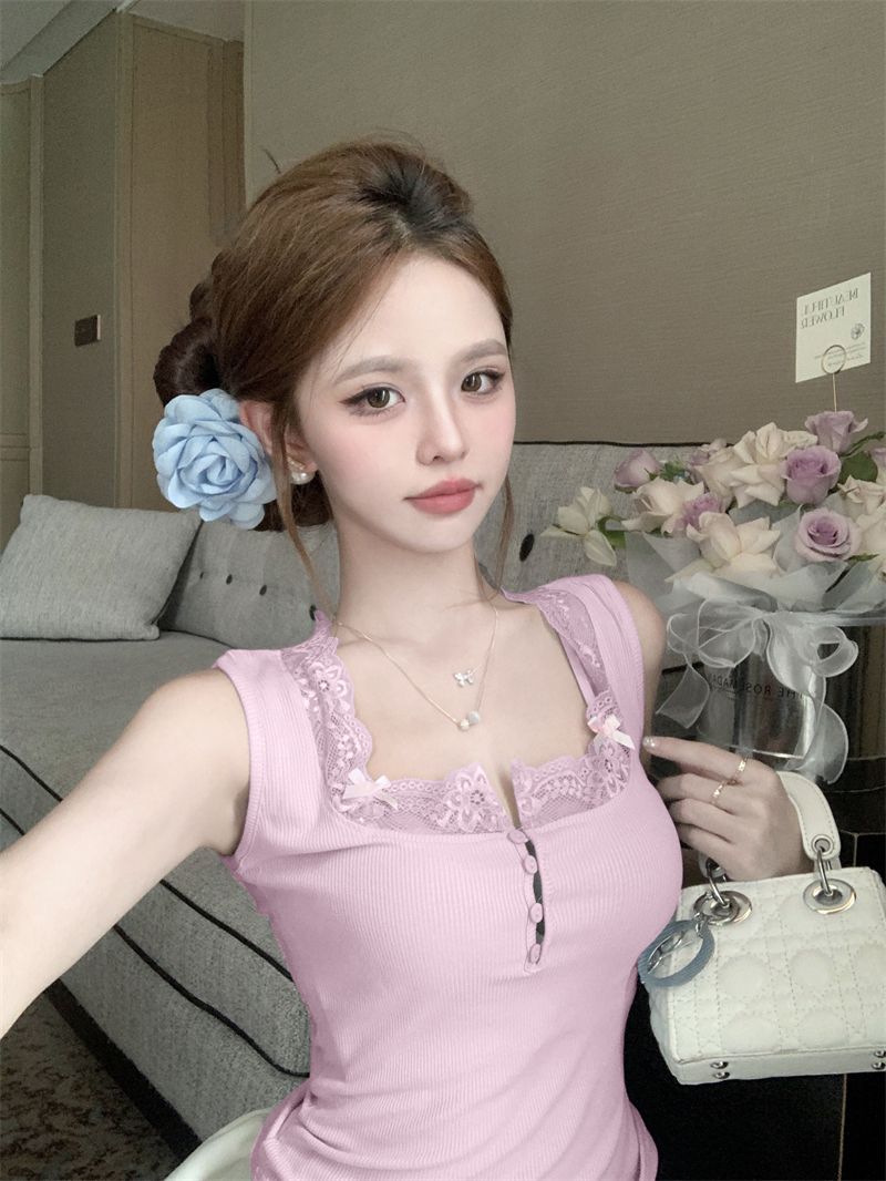 Lace Patchwork Knitted Camisole For Women, Summer Slim-fit Inner Wear, Sexy Bow Short Blue Outer Top_voghion.com