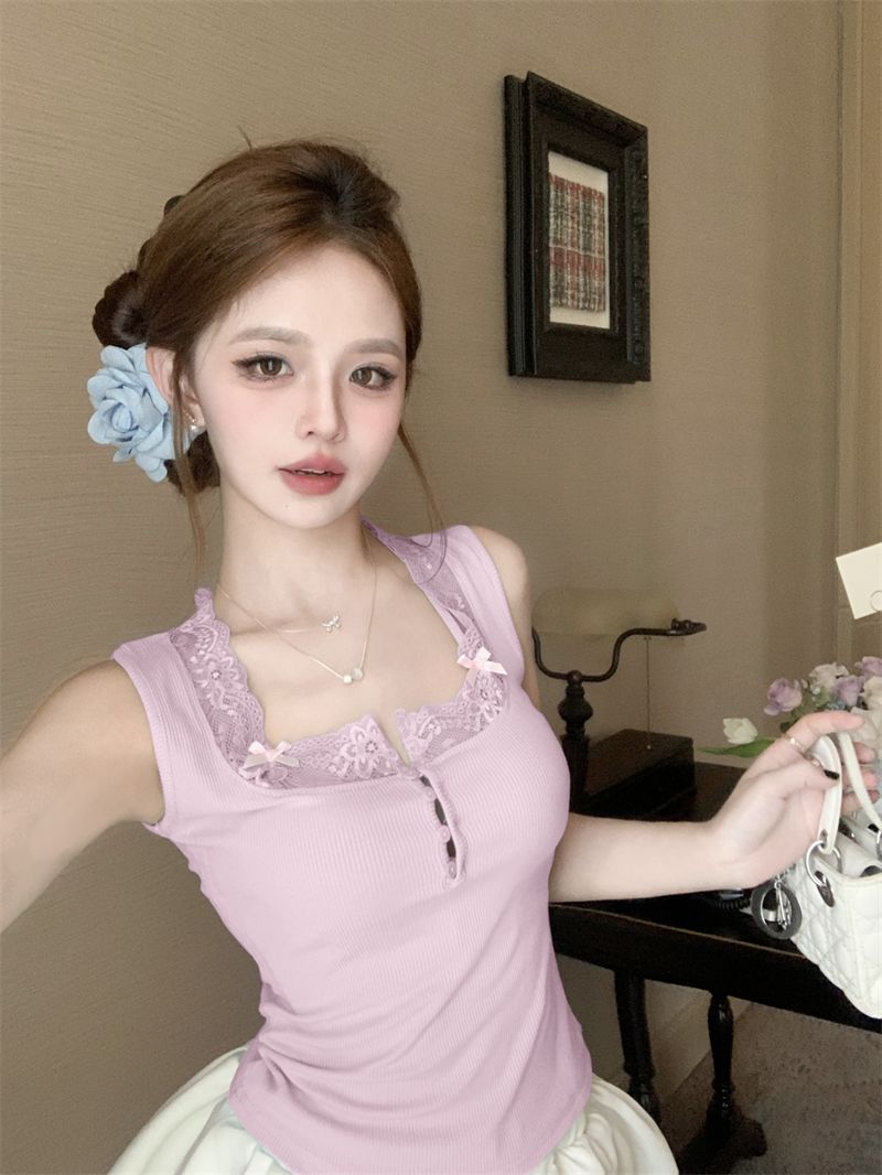 Lace Patchwork Knitted Camisole For Women, Summer Slim-fit Inner Wear, Sexy Bow Short Blue Outer Top_voghion.com