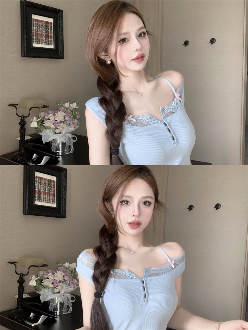 Lace Patchwork Knitted Camisole For Women, Summer Slim-fit Inner Wear, Sexy Bow Short Blue Outer Top_voghion.com
