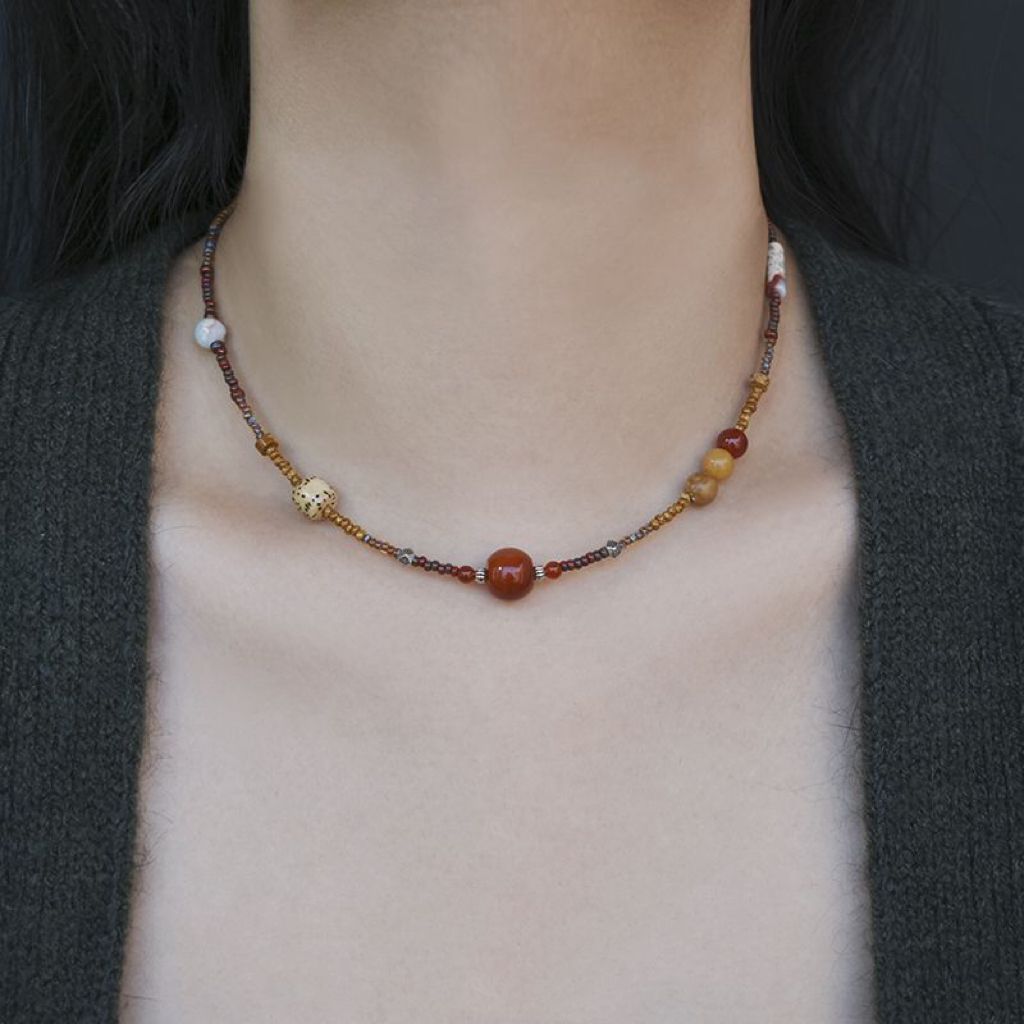 Original New Chinese-style Red Agate Fortune Bead Collarbone Necklace With Vintage Ethnic-style Beaded Design For Women_voghion.com