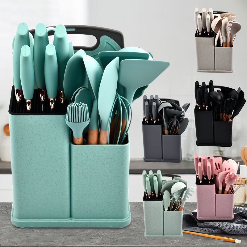 Silikon-Küchengeschirr-Set, 19-teilig, Küchenutensilien, hitzebeständig, Aufbewahrung, Antihaftbeschichtung, Kochmesser_voghion.com