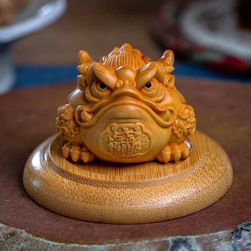 Boxwood Carving Lucky Golden Solid Wood Toad Home Tea Pet Craft Handheld Piece Desktop Ornament Decoration_voghion.com