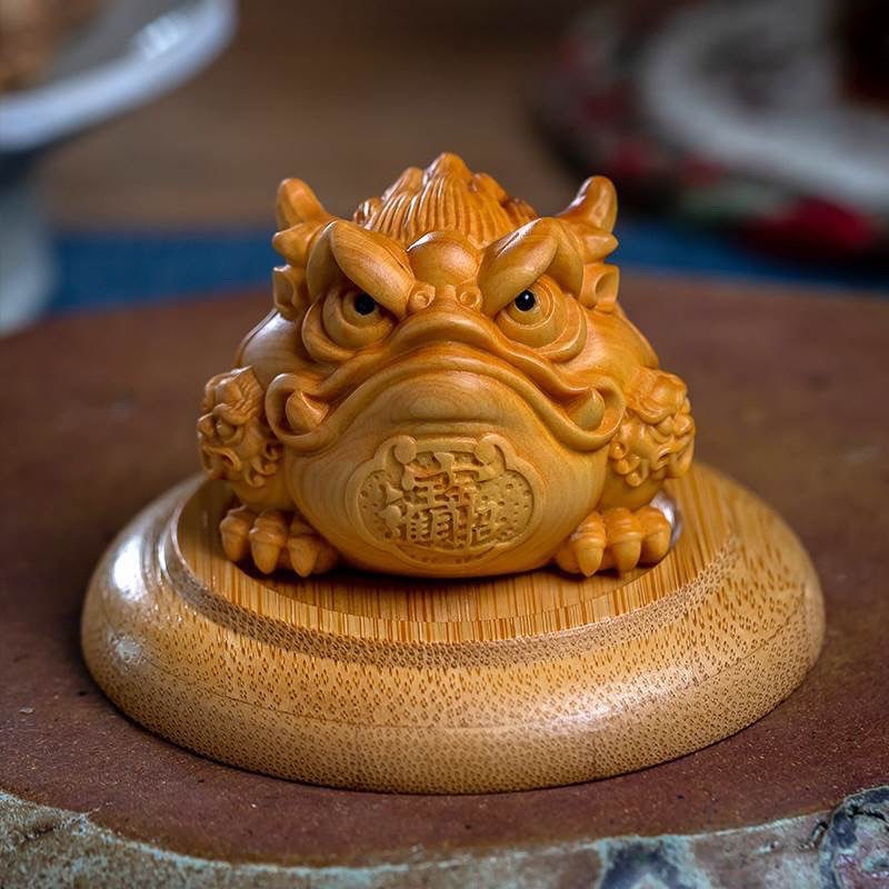 Boxwood Carving Lucky Golden Solid Wood Toad Home Tea Pet Craft Handheld Piece Desktop Ornament Decoration_voghion.com