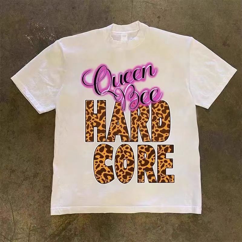T-shirt à manches courtes oversize en pur coton, imprimé léopard, style américain unique, pour hommes et femmes_voghion.com