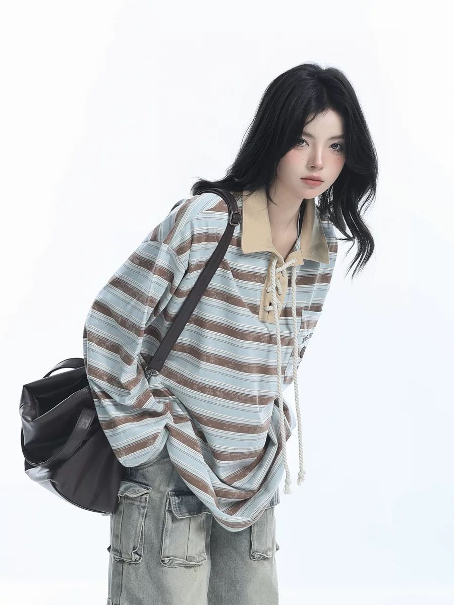 2024 Oversize Loose Long Sleeve Polo Collar Striped Shirt For Women_voghion.com