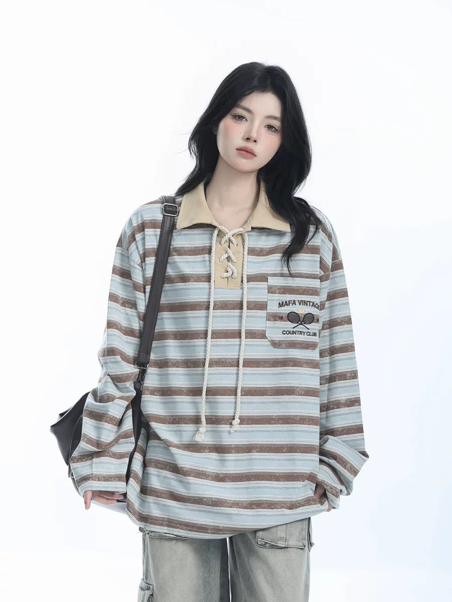 2024 Oversize Loose Long Sleeve Polo Collar Striped Shirt For Women_voghion.com