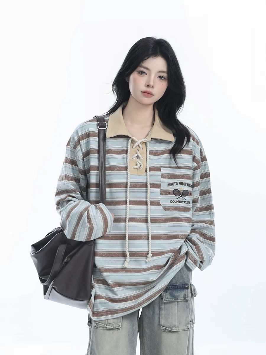 2024 Oversize Loose Long Sleeve Polo Collar Striped Shirt For Women_voghion.com