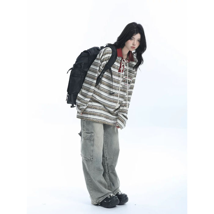 2024 Oversize Loose Long Sleeve Polo Collar Striped Shirt For Women_voghion.com