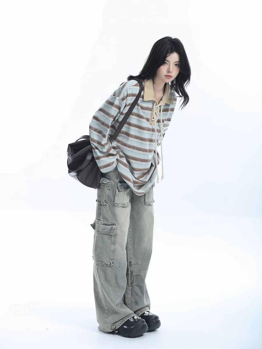 2024 Oversize Loose Long Sleeve Polo Collar Striped Shirt For Women_voghion.com