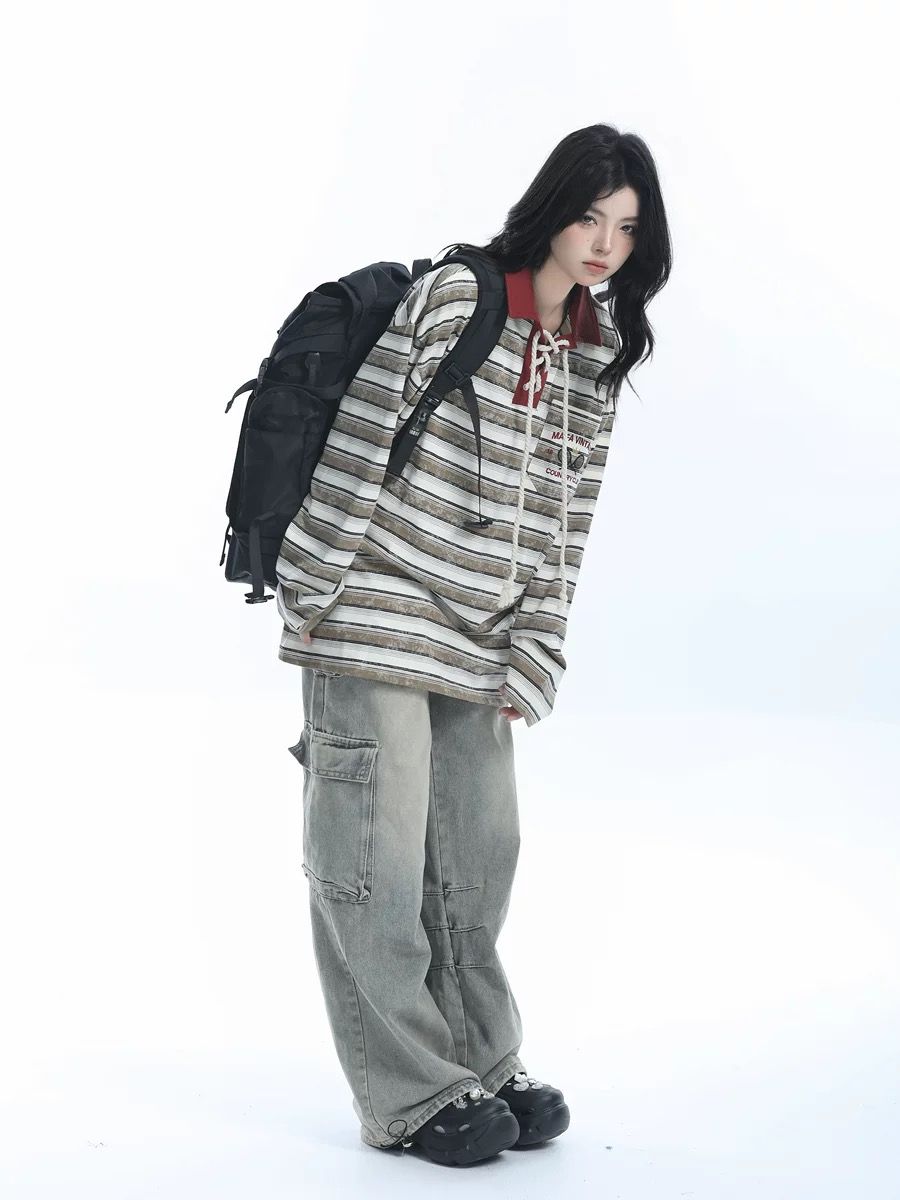2024 Oversize Loose Long Sleeve Polo Collar Striped Shirt For Women_voghion.com