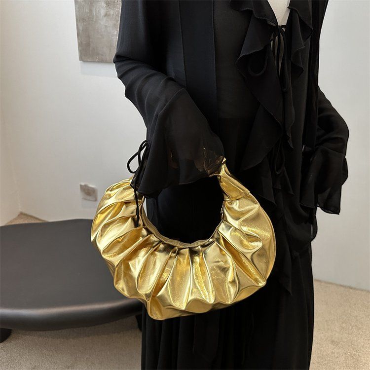 Women's Pleated Metallic Pu Cloud Clutch Fashionable Handbag_voghion.com