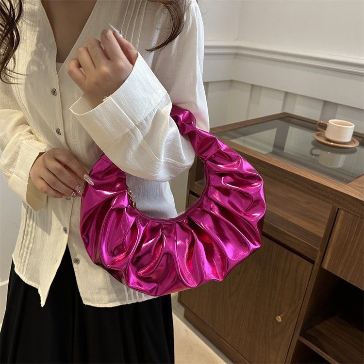 Women's Pleated Metallic Pu Cloud Clutch Fashionable Handbag_voghion.com