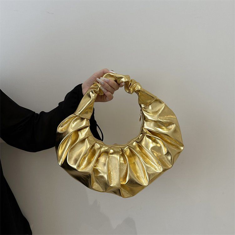 Women's Pleated Metallic Pu Cloud Clutch Fashionable Handbag_voghion.com