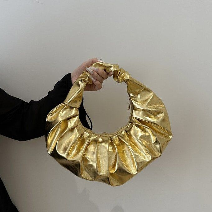 Women's Pleated Metallic Pu Cloud Clutch Fashionable Handbag_voghion.com