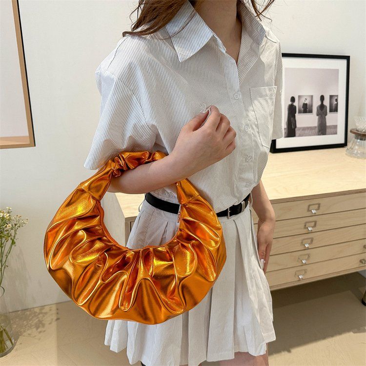 Women's Pleated Metallic Pu Cloud Clutch Fashionable Handbag_voghion.com