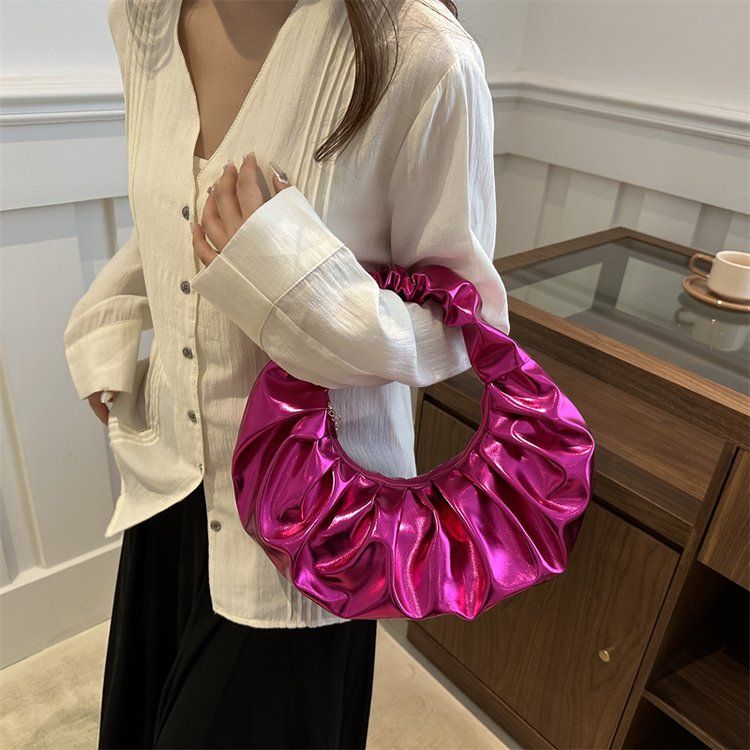 Women's Pleated Metallic Pu Cloud Clutch Fashionable Handbag_voghion.com