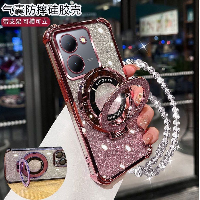 vivoY78手机壳V2278A轻奢女款闪粉四角气囊防摔带镜头膜支架手链