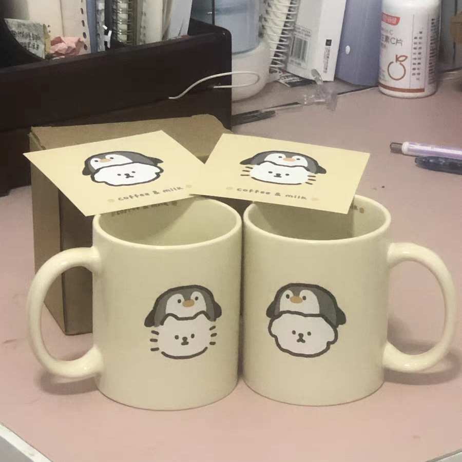 奶油企鹅小猫小狗陶瓷马克杯子ins风家用