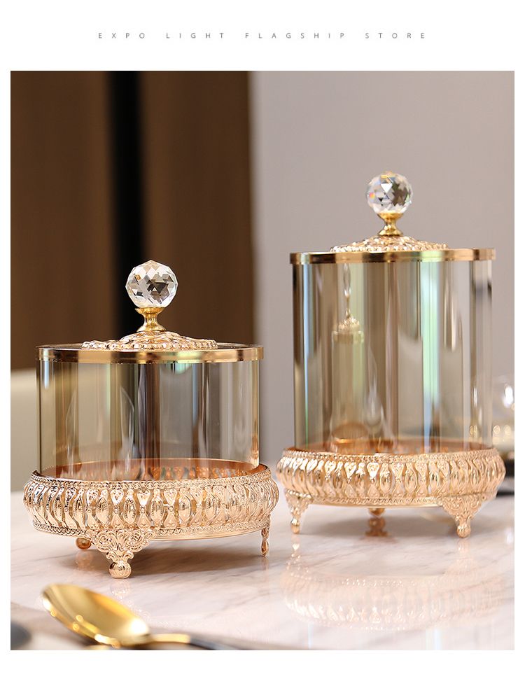Light Luxury Gold Crystal Glass Storage With Lid American European Style Coffee Table Candy Jar Decorative Ornament_voghion.com