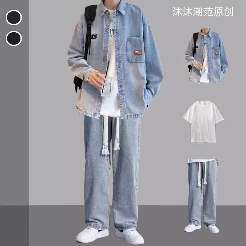 春秋牛仔衬衫外套男日系薄款青少年宽松衬衣一套搭配潮牌三件套装