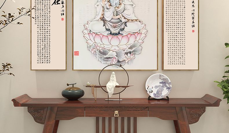 观音菩萨家用坐莲观音大士图佛像挂画中堂三联装饰画供桌白衣观音 detail 4