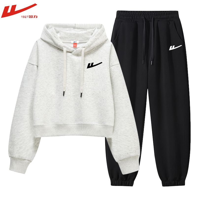 【回力】棉运动服套装女2026秋季休闲连帽卫衣卫裤百搭两件套束脚裤子