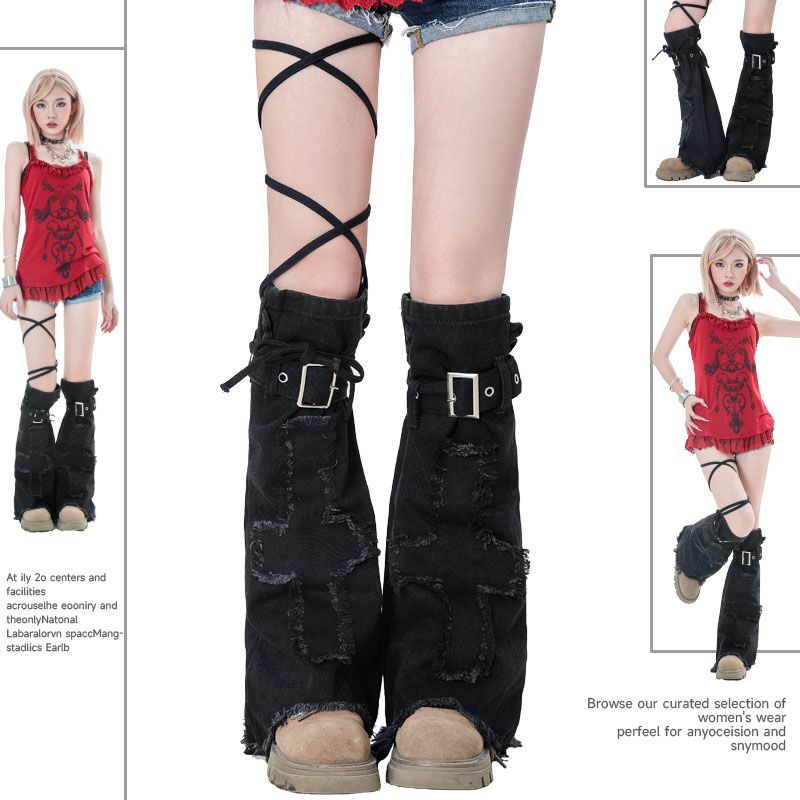 Y2k Black Denim Leg Warmers With Cross Design And Drawstring_voghion.com