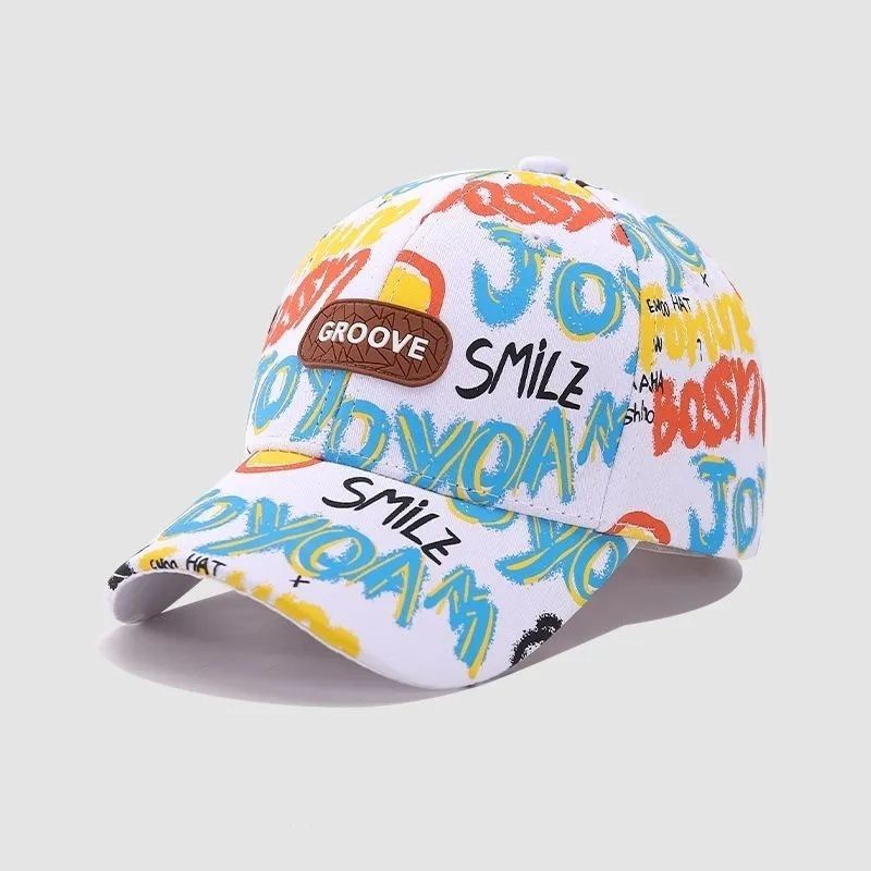 新款男童帽子春秋季韩版时尚女童街舞涂鸦鸭舌帽儿童百搭棒球帽