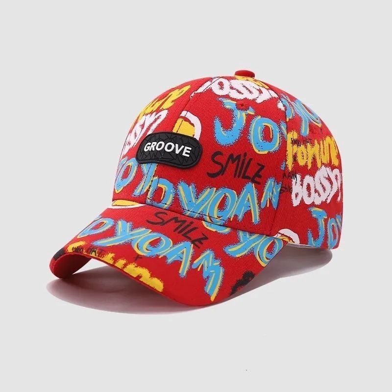 新款男童帽子春秋季韩版时尚女童街舞涂鸦鸭舌帽儿童百搭棒球帽