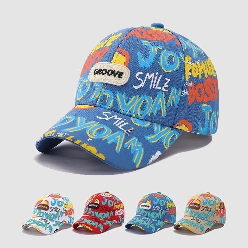 新款男童帽子春秋季韩版时尚女童街舞涂鸦鸭舌帽儿童百搭棒球帽