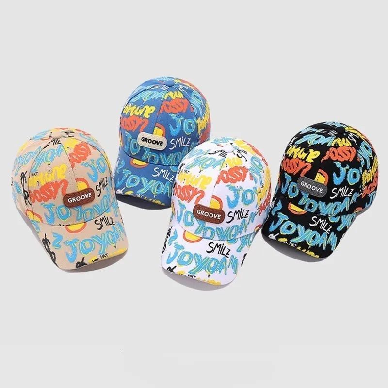 新款男童帽子春秋季韩版时尚女童街舞涂鸦鸭舌帽儿童百搭棒球帽