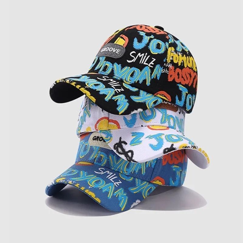 新款男童帽子春秋季韩版时尚女童街舞涂鸦鸭舌帽儿童百搭棒球帽
