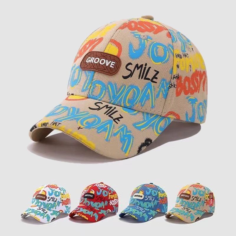 新款男童帽子春秋季韩版时尚女童街舞涂鸦鸭舌帽儿童百搭棒球帽