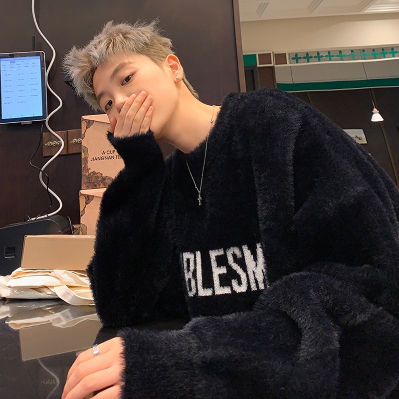 Heavy American Mohair Knitted Sweater Hong Kong Style High Street Trendy Brand Versatile Loose Couple Sweater Warm Lazy Thread_voghion.com