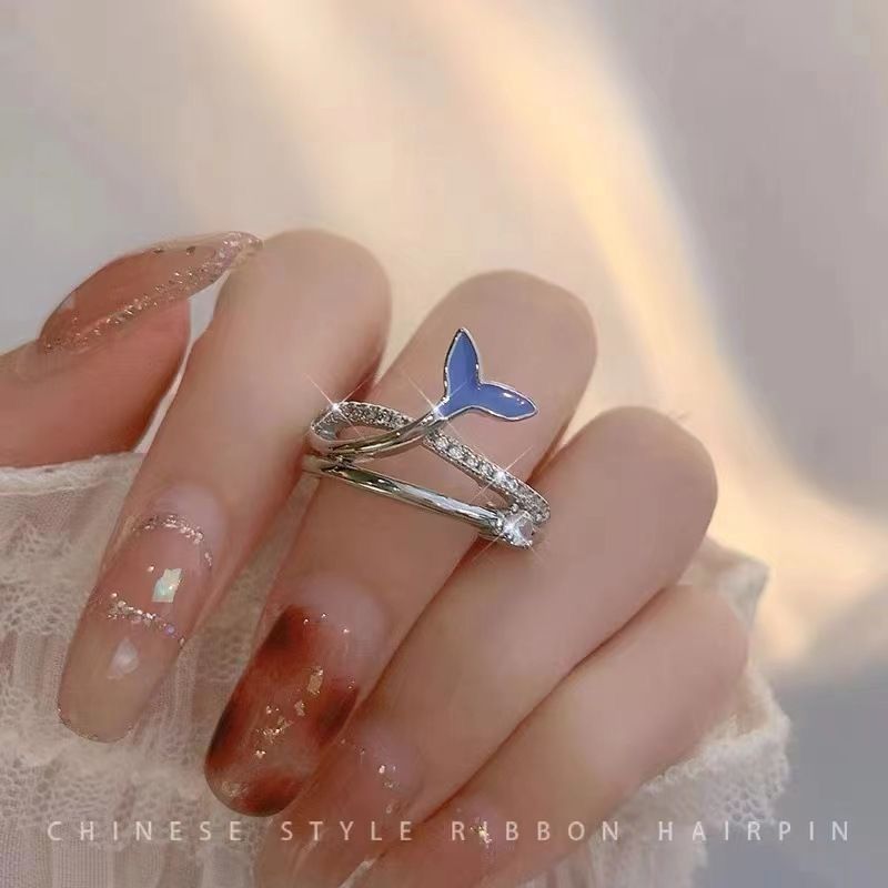 Designer Ring Fish Tail Blue Adjustable Open Ring For Women_voghion.com