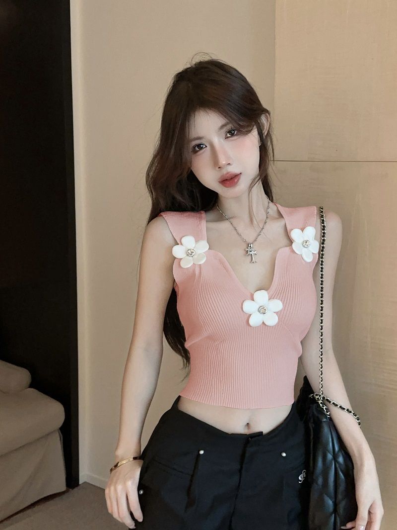 Damen Strickweste Mit V-ausschnitt Und 3d-blumen Design_voghion.com
