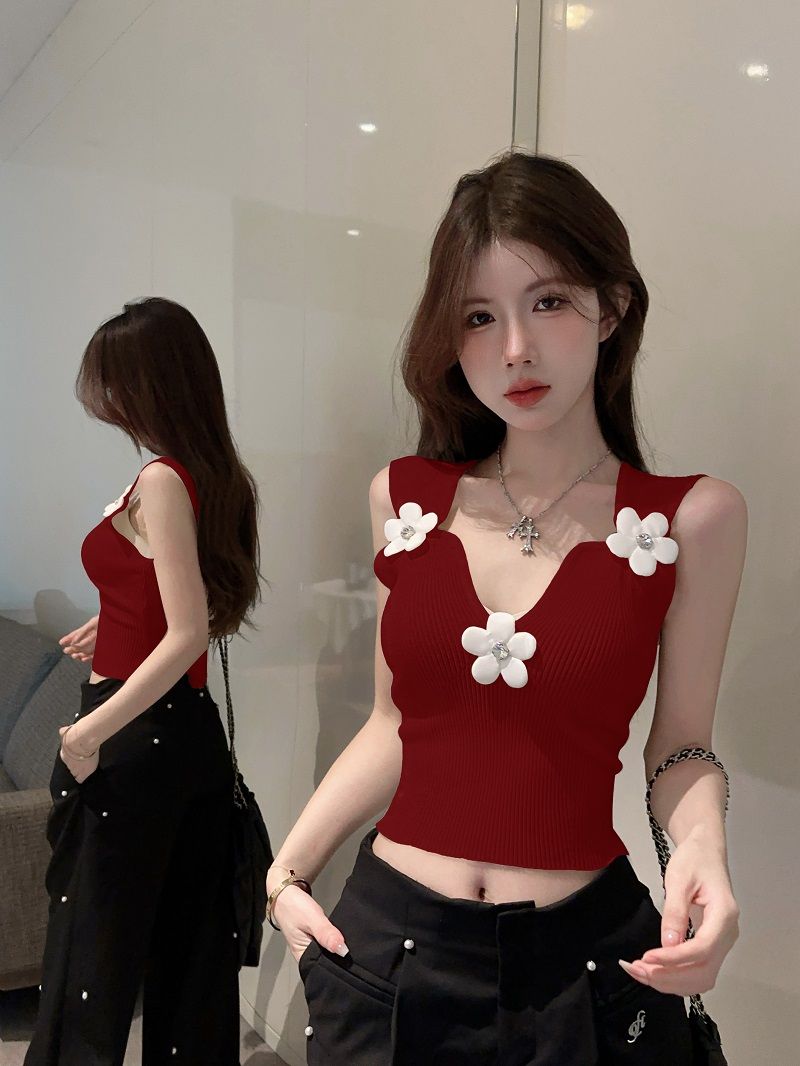 Damen Strickweste Mit V-ausschnitt Und 3d-blumen Design_voghion.com