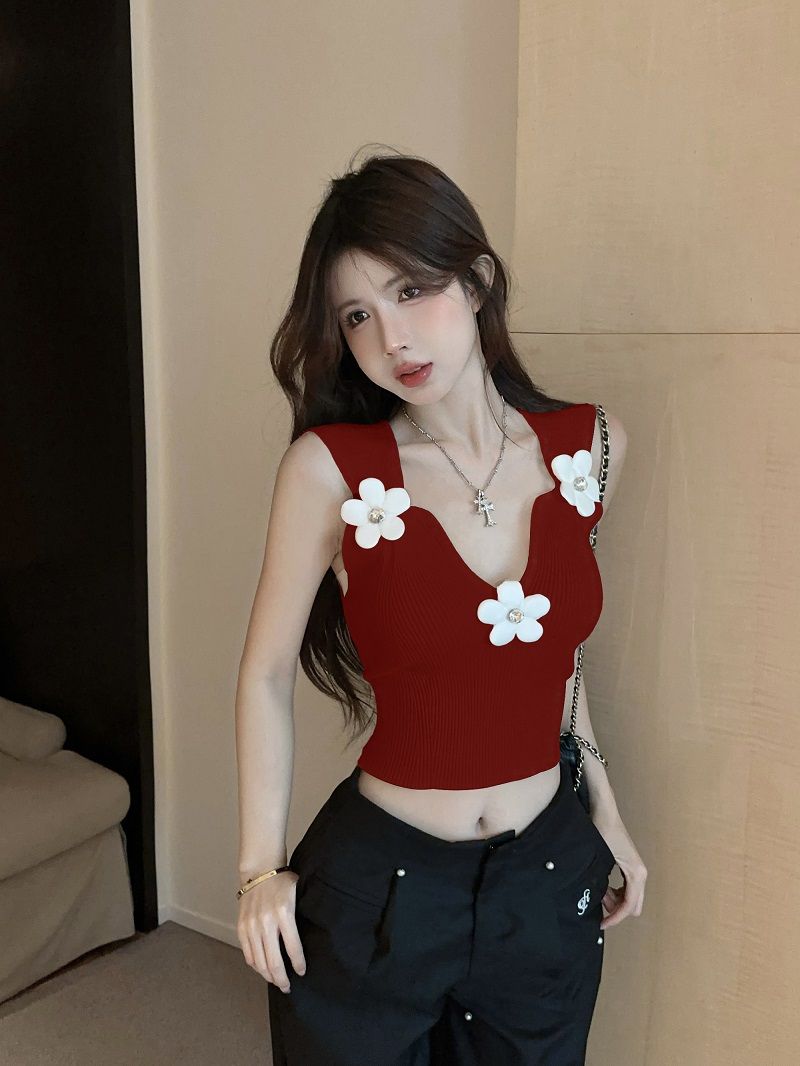 Damen Strickweste Mit V-ausschnitt Und 3d-blumen Design_voghion.com