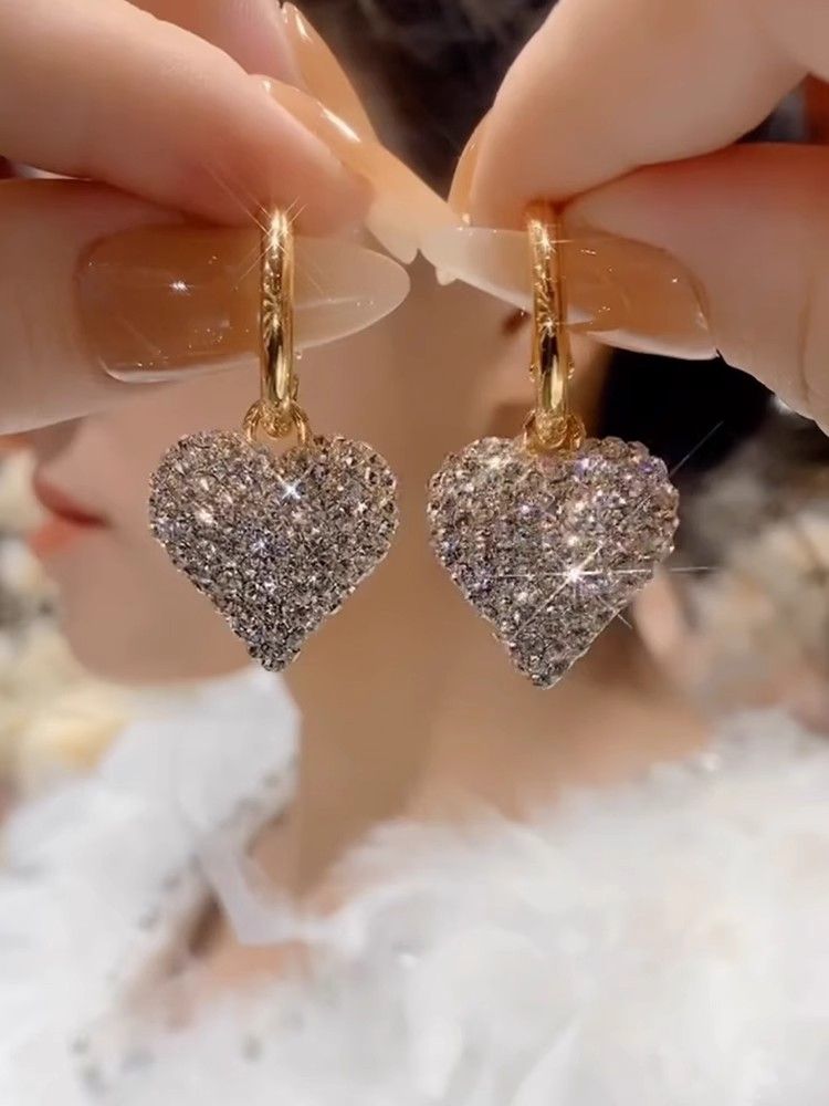 Full Diamond Heart Pendant Drop Earrings Elegant Korean Style_voghion.com
