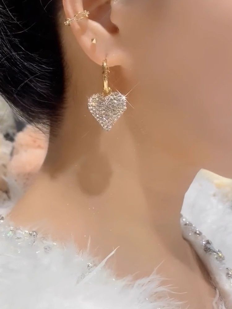 Full Diamond Heart Pendant Drop Earrings Elegant Korean Style_voghion.com