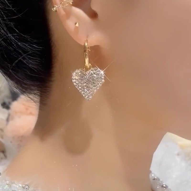 Full Diamond Heart Pendant Drop Earrings Elegant Korean Style_voghion.com