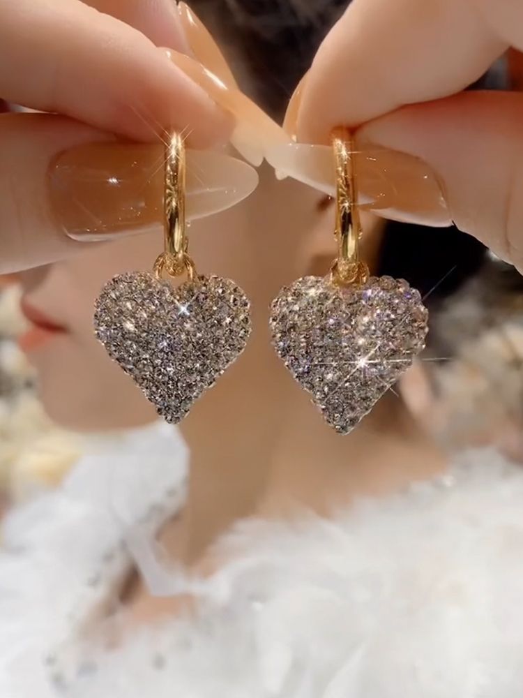 Full Diamond Heart Pendant Drop Earrings Elegant Korean Style_voghion.com